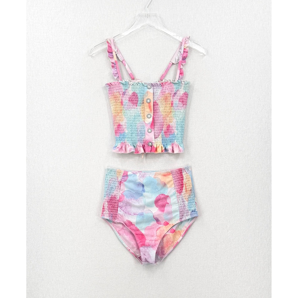 RAD SWIM Betsy Smocked Bikini Medium Pink Blue Watercolor High Waist Swimsuit - Picture 4 of 16